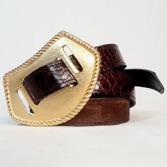 Western Style Belt Large Sz Suede Reptile Print Leather Jumbo Gold Tone Buckle main image 9